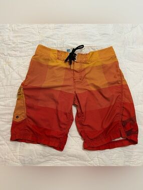 Y2K Billabong Board Shorts Platinum X PX4 Mens 34 Red Orange Wave Flames Cargo